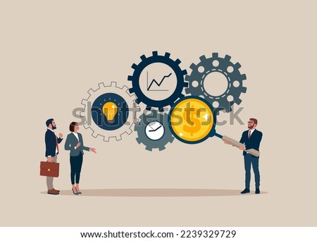 Business team with magnifier dollar money from cog gear production. Optimize cost and expense for better profit strategy. Vector illustration
