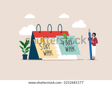 4 or 5 Day Work Week. Prioritise working smarter to produce better. 4 day is a reduced hour working model. Flexible work day for employee benefit. Flat vector illustration.