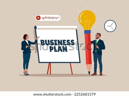 Business team holding lightbulb idea pencil about to write business plan on whiteboard. To list idea, strategy and develop plan to success and win business. Modern flat vector illustration.