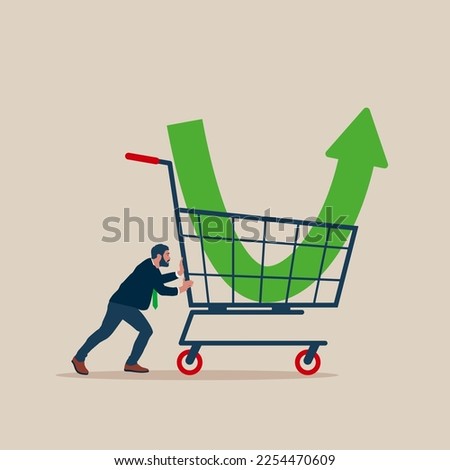 Businessman investor buy stock with down arrow graph in shopping cart. Purchase stock when price drop. Make profit from market collapse. Modern vector illustration in flat style.