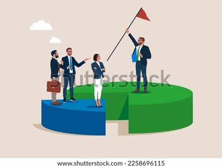 Success businessman holding flag standing on pie chart win over competitors. Business winning market share, earn high percentage of product sale.  Modern vector illustration in flat style 