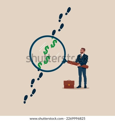 Businessman using huge magnifying glass analyze footprints track with dollar sign. Modern vector illustration in flat style