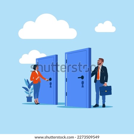 Business people holding handle and opening apartment or office door. For entrance, home, exit, challenge, opportunity concept. Flat vector illustration