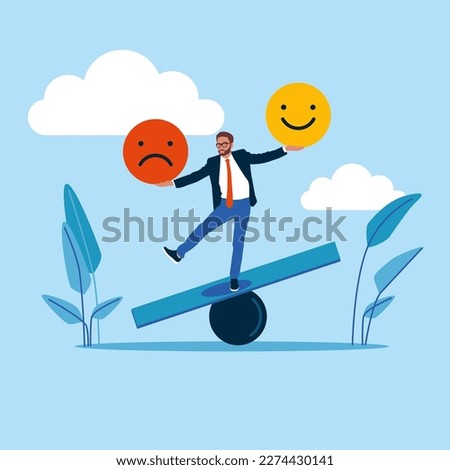 Man balances good and bad mood on the scales. Emotional balance. Modern vector illustration in flat style