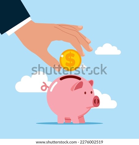 Hand putting coin a piggy bank money savings. Modern vector illustration in flat style