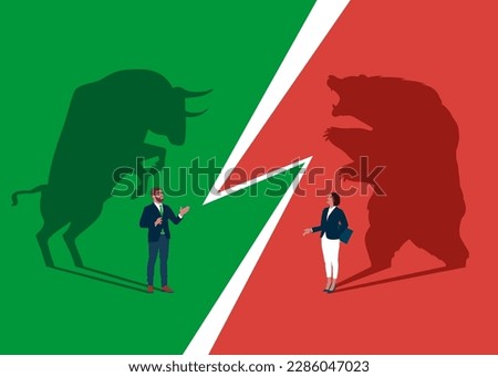 Bear and Bull fighting. Symbol of Financial markets. Global economy crash or boom. Modern vector illustration in flat style