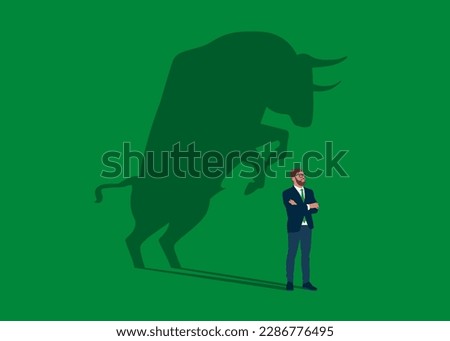 Confident businessman  standing bull shadow concept illustration. Trade exchange, green bull. Global economy boom. Modern vector illustration in flat style