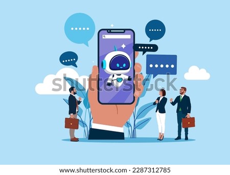 Business people chatting with robot, asking questions and receiving answers. AI assistant support. Modern vector illustration in flat style