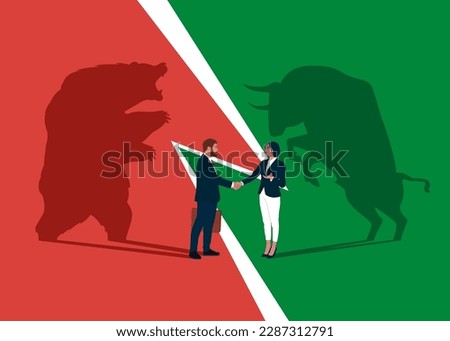 Bear and Bull fighting. Business people handshake. Symbol of Financial markets. Global economy crash or boom. Diplomacy, contract signing. Modern vector illustration in flat style