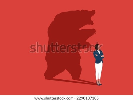 Businesswoman standing bear shadow concept illustration. Bear or bearish market trend, Trade exchange background. Global economy crash.