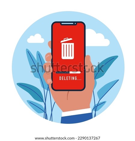 Cleaning phone or documents to waste bin smartphone. Modern vector illustration in flat style