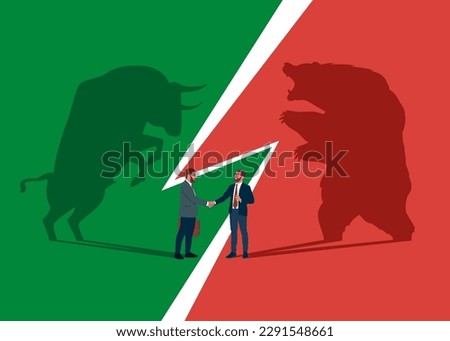 Bear and Bull fighting. Business people handshake. Symbol of Financial markets. Global economy crash or boom. Diplomacy, contract signing. Flat vector illustration