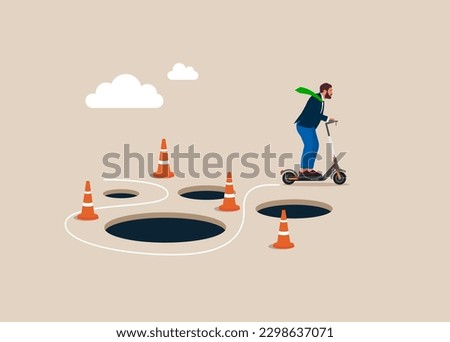 Businessman on a electric scooter pass many pitfalls to achieve finish. Flat vector illustration