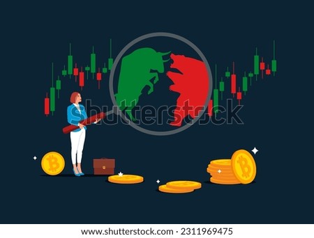 Girl with magnifier monitor incident with Bear and Bull fighting. Stock market trend. Root cause analysis and solving problems, risk analysis assessment. Global economy crash or boom.