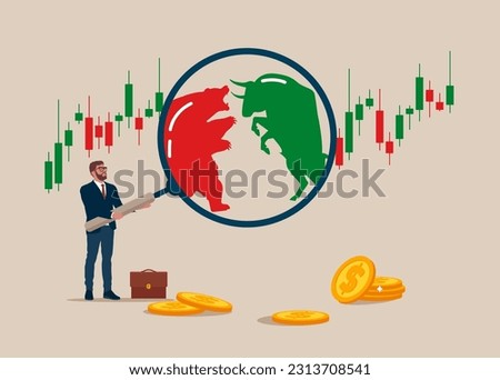 Businessman with magnifier monitor and investigate incident with bull vs bear symbol of stock market trend. Root cause analysis and solving problems, risk analysis assessment. 