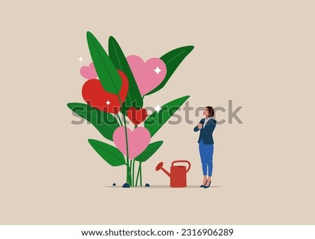 Woman finish watering growing money plant seedling with love hearts flower. Flat vector illustration