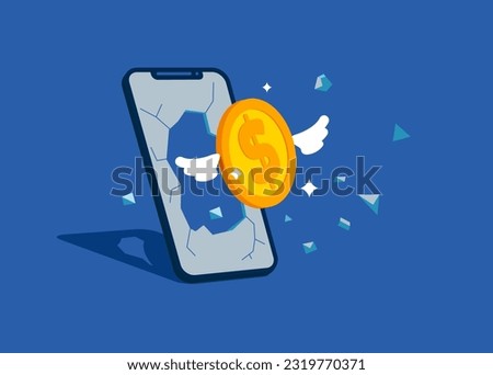 Dollar coin with wings fly  coming out of a smartphone screen. Financial investments in creative projects and into innovation. Business, Company, Funds, gold. Flat vector illustration.