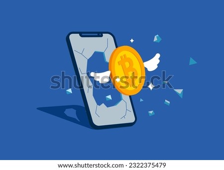 Bitcoin with wings fly  coming out of a smartphone screen. Financial investments in creative projects and into innovation. Business, Company, Funds, gold. Flat vector illustration.