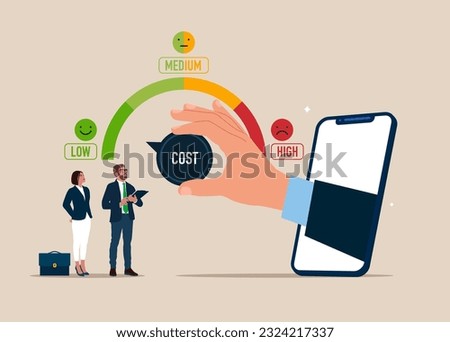 Through the smartphone pull the hand turning cost dial to a low. Cost cutting and efficiency.  Flat vector illustration