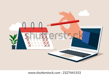 Through the laptop businessman  put holiday on calendar to make company 4 day work week. Reduce working day to increase efficiency and productivity. Flat vector illustration