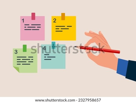 Holding pencil categorized sticky notes. Sorting important or urgency tasks, prioritize work for project management. Flat vector illustration.