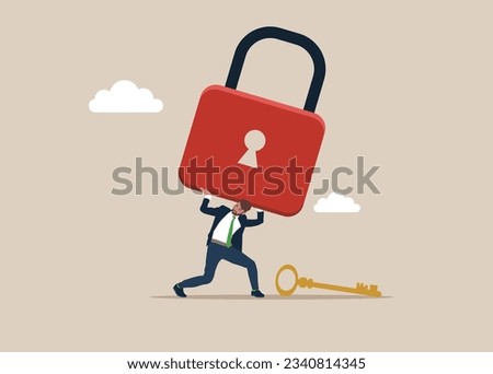 Businessman carrying huge with lock. Unlock business accessibility. Solve business problem, professional to give solutions. Vector illustration