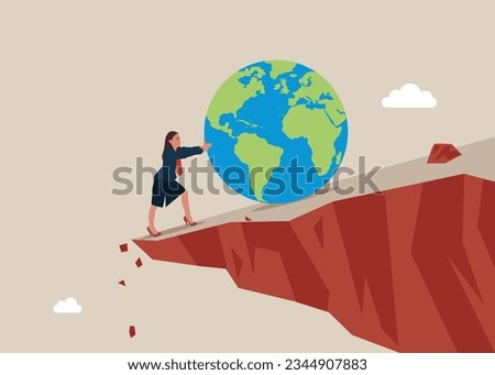 Woman try hard to push the globe from falling off a cliff. Global economic risks. Politics, war, inflation.
