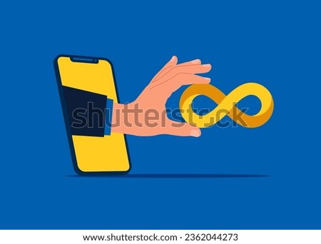 Infinity routine job or career path. Hand holding never ending infinity loop from the phone screen.Flat vector illustration