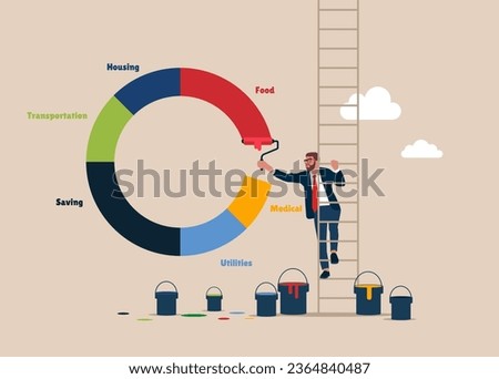 Businessman climb up ladder to paint a center of expense and spending pie chart. Flat modern vector illustration. 