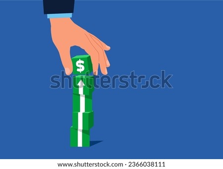 Green block cubic stacking up with white arrow up. Business growth success process. Flat vector illustration