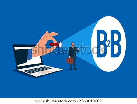 Hand with flashlight uncovering hidden business B2B concept. Vector illustration in flat style