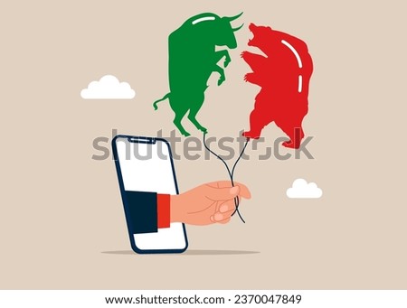 Hand with phone holding balloon bull and bear.  Vector illustration