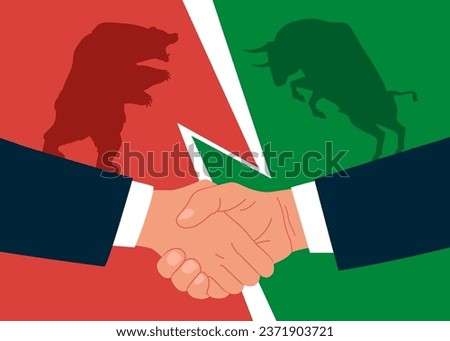 Bear and Bull fighting. Handshake. Diplomacy, contract signing. Vector illustration in flat style