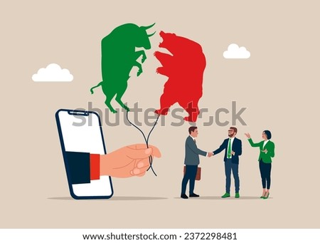 Business people and big hand with phone holding balloon bull and bear.  Vector illustration