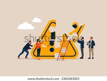 Tiny people connecting puzzle elements with exclamation attention sign. Solving problem, incident management. Flat vector illustration