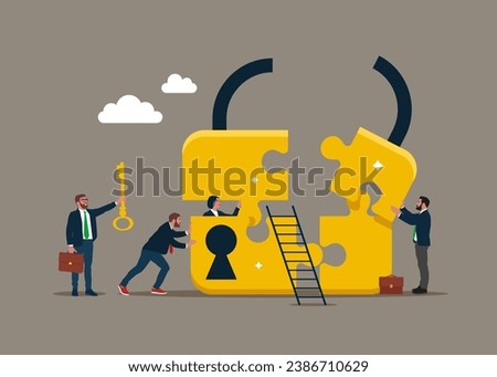 People connecting puzzle elements lock with unlock keyhole. Open to investment opportunities. Flat vector illustration