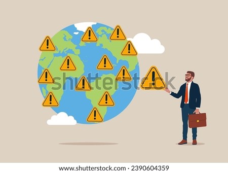 Problem company branches. Businessman put new incident with exclamation attention sign on world map. Vector illustration