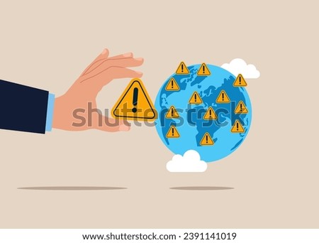 Businessman put new incident with exclamation attention sign on world map across globe. Flat vector illustration