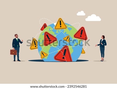 World map with incidents with exclamation attention sign fell into a pit. Flat vector illustration. 