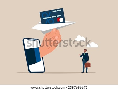 Online delivery. Sending money, contactless payment. Paper plane with credit card inside. Flat vector illustration.