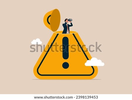 Businessman open exclamation attention sign using binoculars to see incidents. Vector illustration