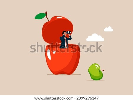 Businessman open fruit apple and looking using binoculars to see business vision. Searching for success concept. Flat vector illustration