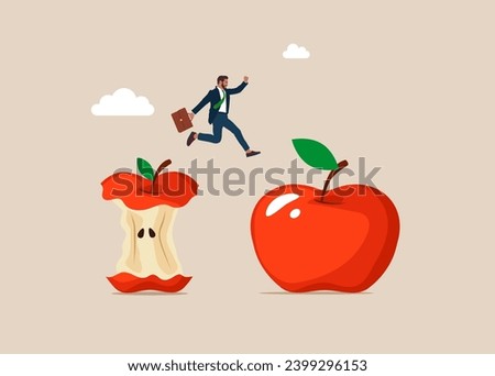 Businessman jump from apple eaten down to the core to new apple core. Business transformation. Flat vector illustration