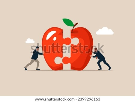 Business team pushing two apple puzzle elements. Teamwork working together, cooperation, partnership. Vector illustration.