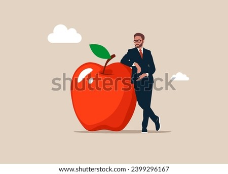 Businessman standing with crossed legs and leaning on fruit apple. Flat vector illustration