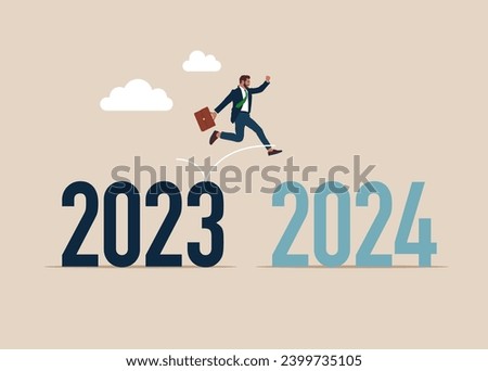 Change to new business bright future, overcome business difficulty. Businessman jump over year gap from 2023 to 2024. Flat vector illustration