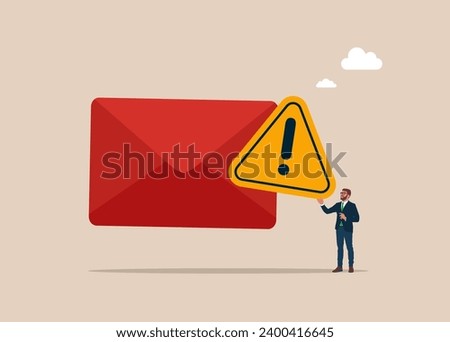 Envelopes - malware attack warning. Send e-mail.  Businessman holding big exclamation attention sign. Flat vector illustration