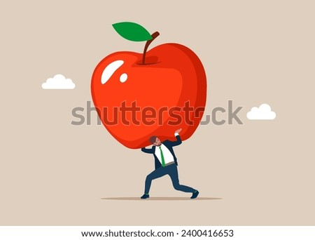 Businessman carrying huge fruit apple. Modern vector illustration in flat style