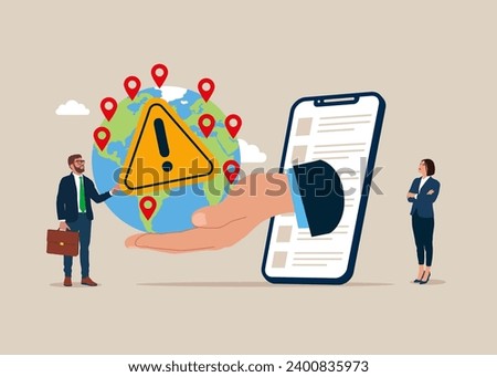 Businessman put Incidents with exclamation attention sign on world map. Stop global business expansion, stop company branches. Flat vector illustration