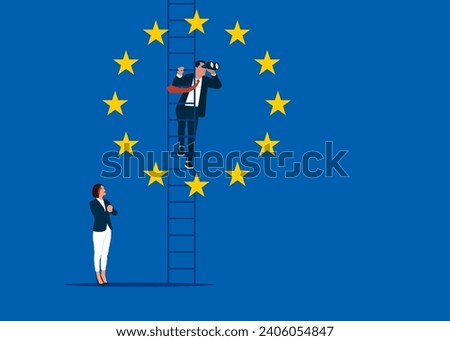 Smart politician climb up ladder look through binocular visionary. Leadership discovery or searching for success in European Union. Flat vector illustration